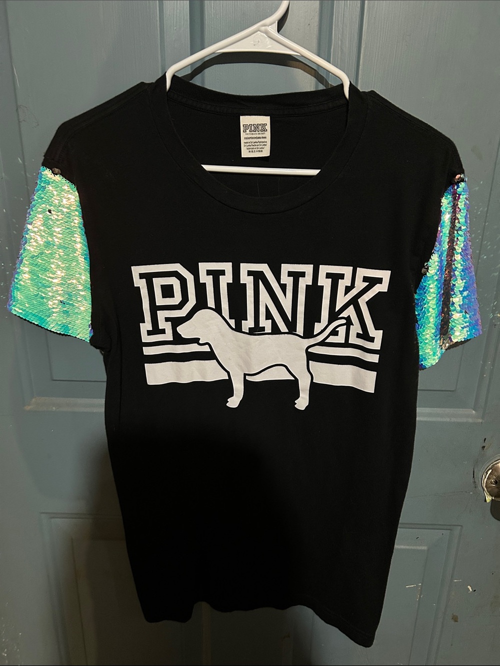 PINK Victoria's Secret Black Tee with Iridescent Sequin Sleeves